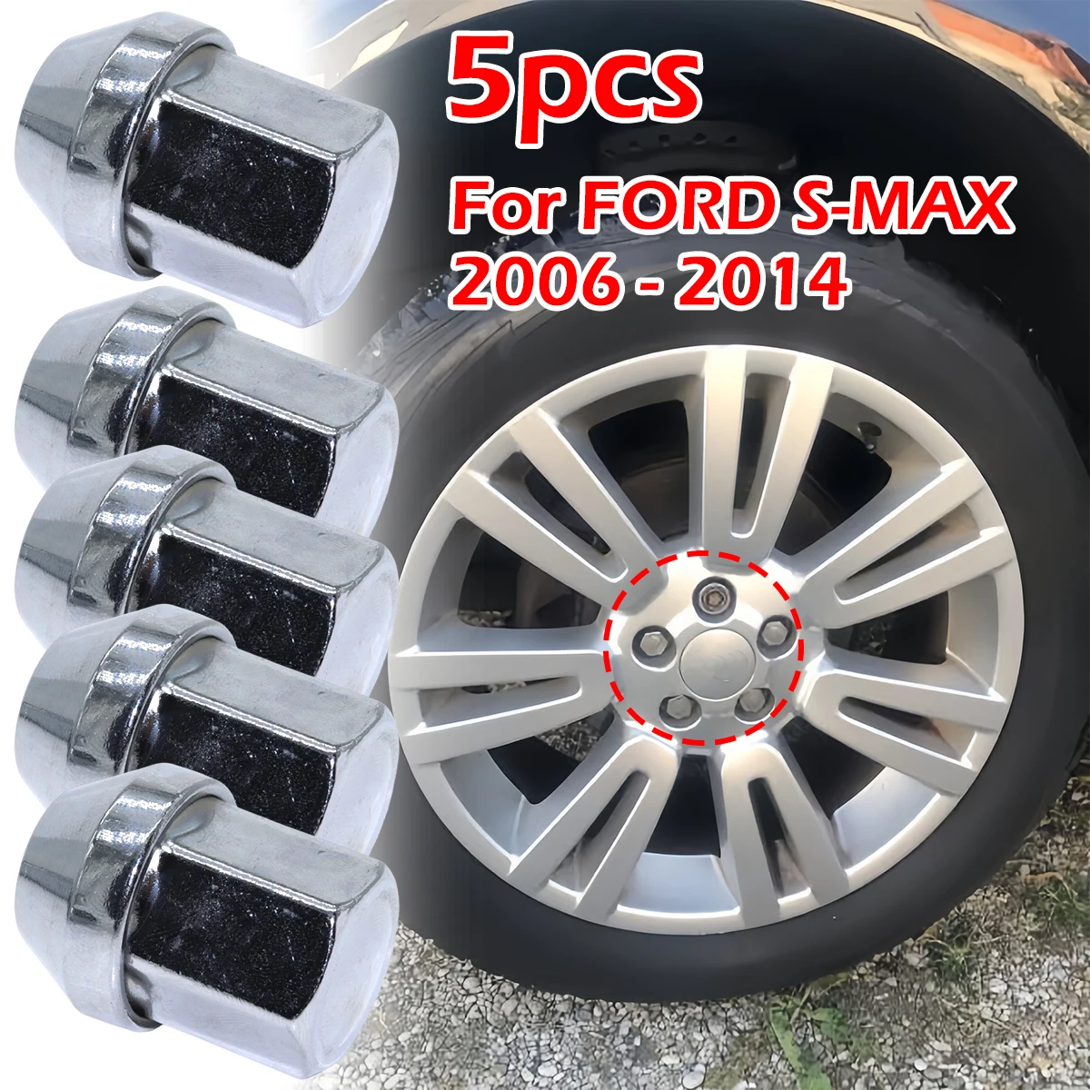5Pcs/set Car Wheel Nuts Alloy For FORD S-MAX 2006 2007 2008 2009-2014 Tire Screw Lug Bolt Nut LR001381 M14x1.5 Replacement Parts