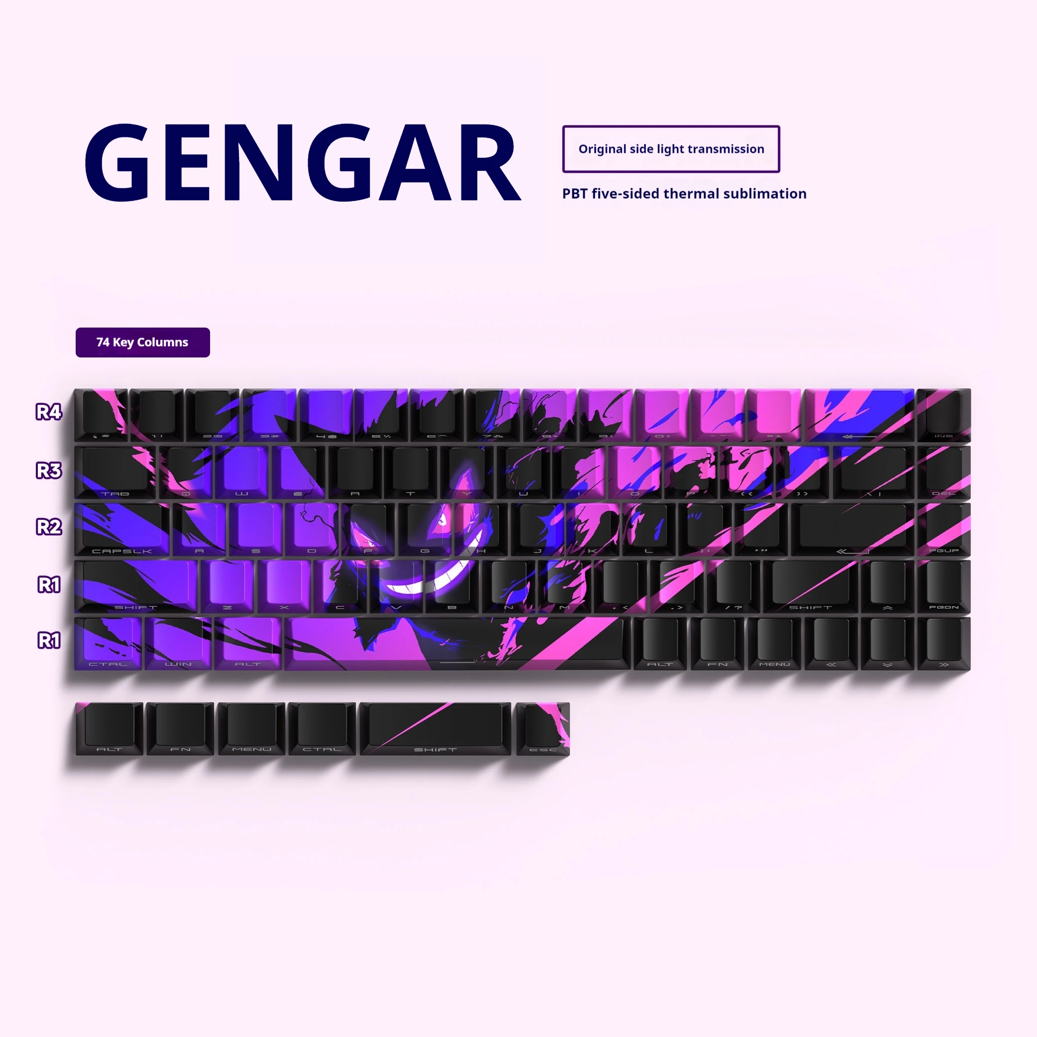 Gengar PBT Original Factory Side Engraved Translucent Keycaps 68 Keys 129 Keys E-Sports Gaming Keycaps For PC Gamer Accessoires