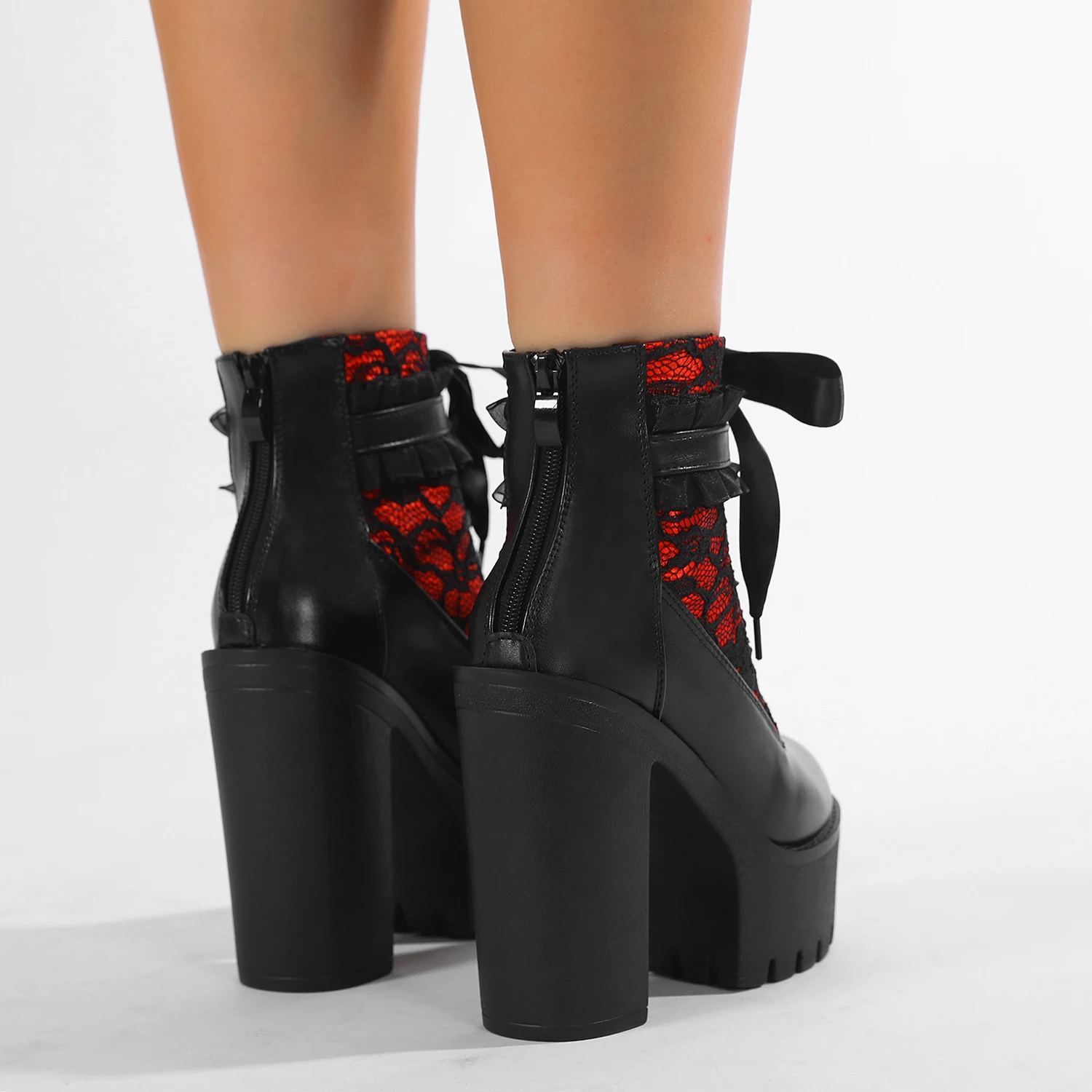 Gdgydh Gothic Lace Patchwork High Heel Ankle Boots for Women Vintage European Style Zipper Closure Chunky Platform Boots Red