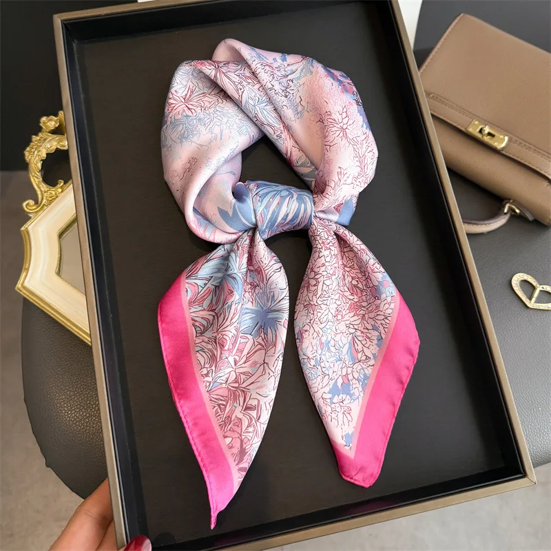 

2026 New Silk Square Scarf Women Headscarf Foulard Bandana Pink Floral Print Neckerchief Soft Head Scarves Female Hijab Neck Tie