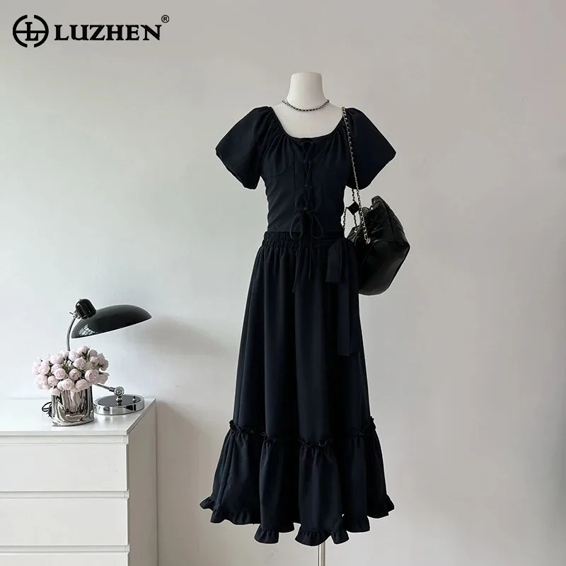 

LUZHEN Elegant Fashion Solid Color Lace Up Short Sleeve T-shirts Ruched Hemline Long Skirt Women's Casual Two-piece Sets AA1606