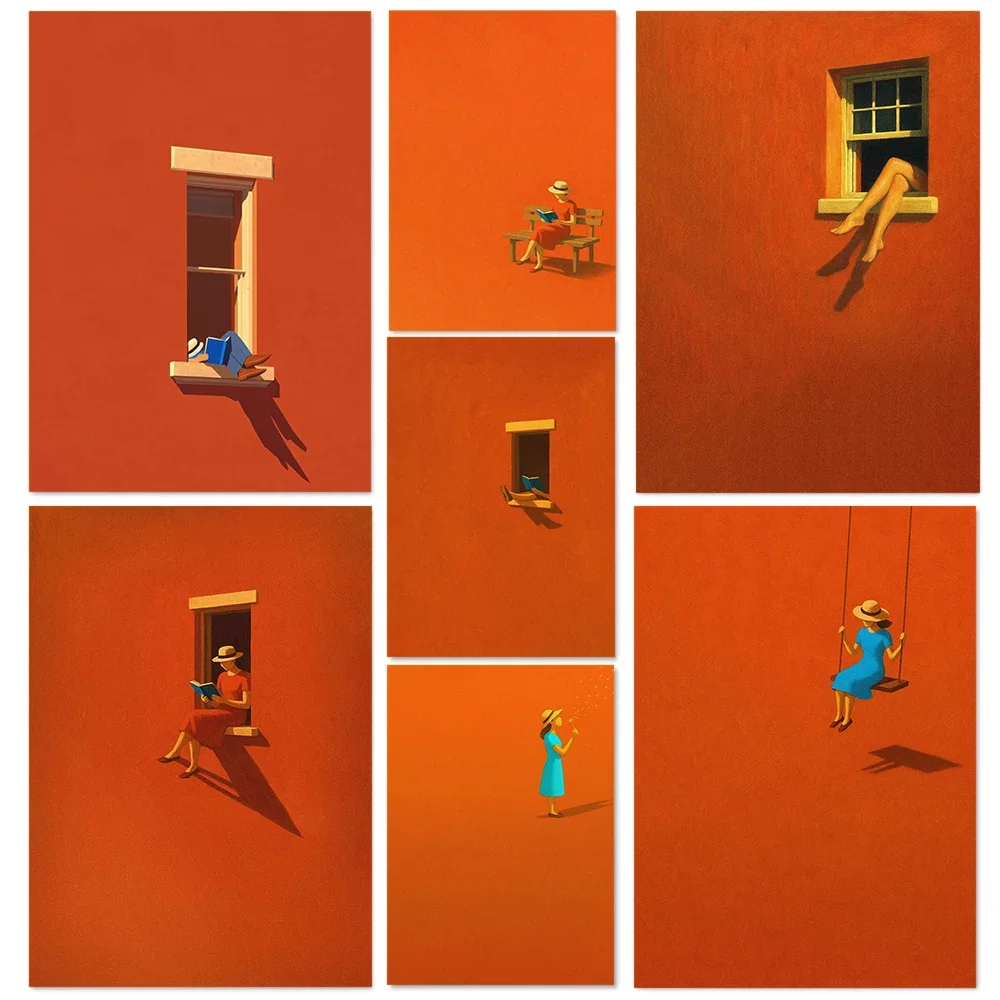 1PCS frameless Bold Minimalism Orange Dopamine Aesthetics Warm Sunshine Window Sill Art Poster Canvas Printing Home Wall Decorat