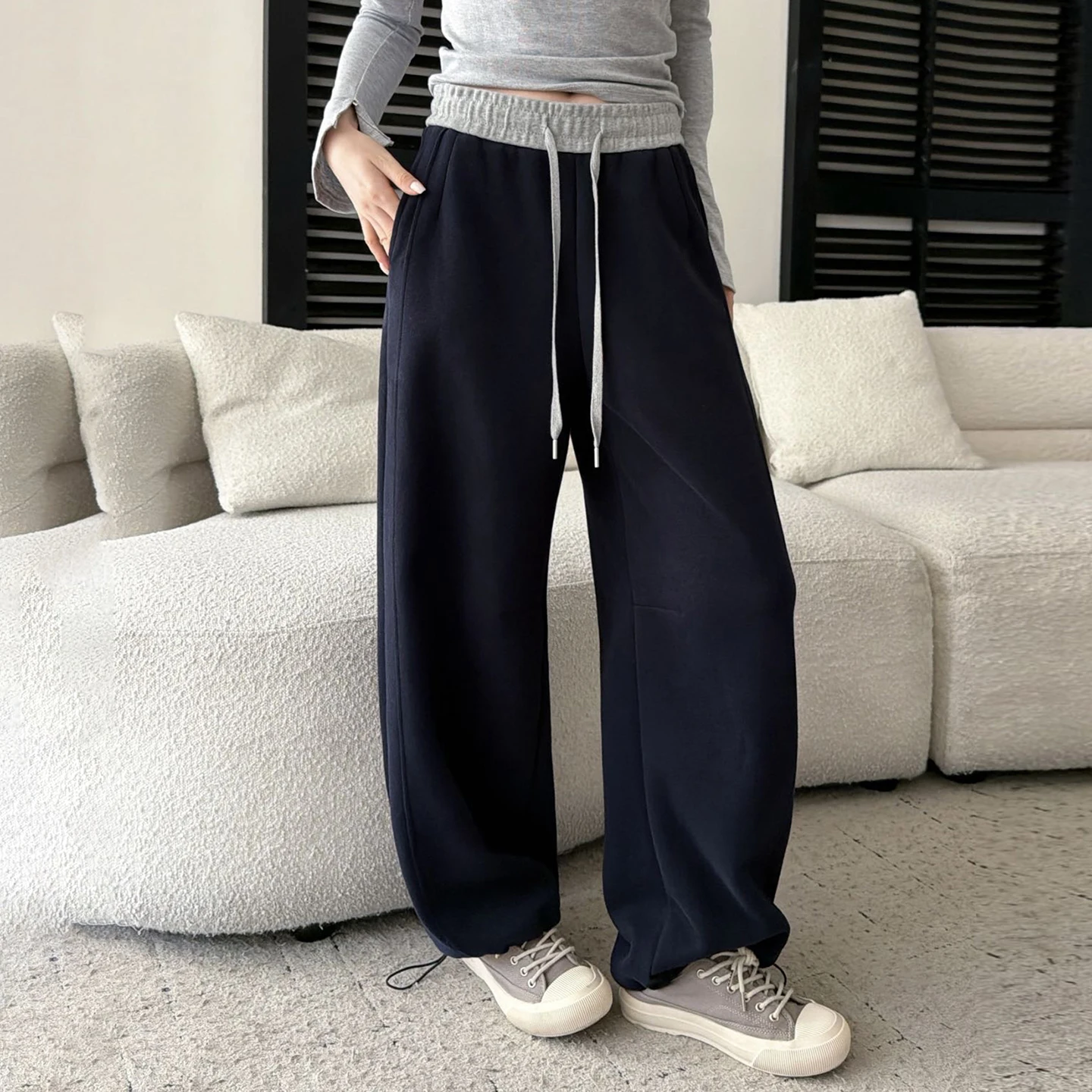 High Waist Wide Leg Sweatpants Color Block Waist Two-Way Wear Slimming Concealing Cuffed Casual Sweatpants for Women