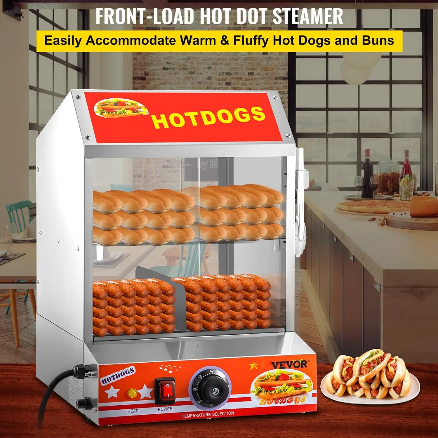 Hot Dog Steamer, 27L/28.54Qt, 2-Tier Hut Steamer for 175 Hot Dogs & 40 Buns, Electric Bun Warmer Cooker with Tempered Glas