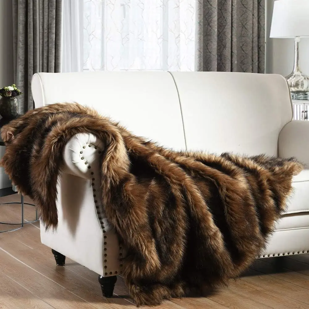 

Luxury Plush Faux Fur Throw Blanket, Long Pile Brown with Black Tipped Blanket, Super Warm