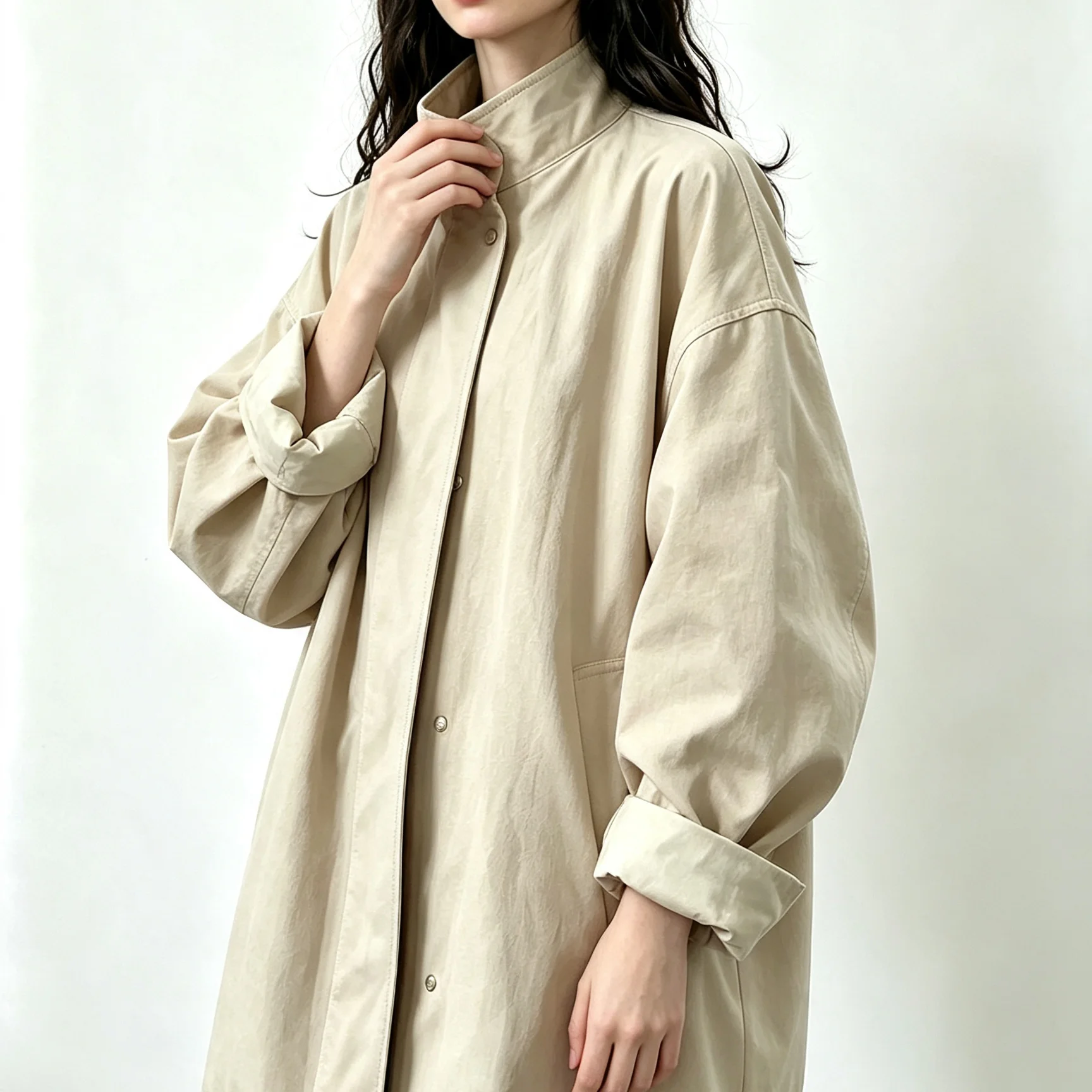 stand collar jacket; oversized mid‑length coat; back split outerwear; button down casual coat; women autumn outer street jacket