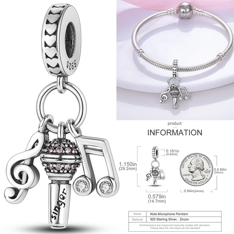 2026 Neuer Musik-Charm aus 925 Sterling Silber, Musiknoten-, Kopfhörer- und Gitarren-Anhänger, passend für europäische Armbänder, DIY-Geschenk für Frauen – Detail 4
