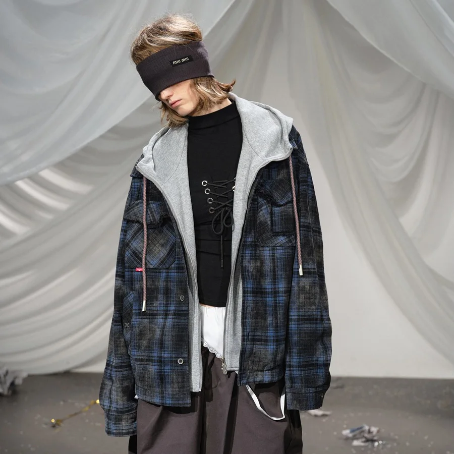 

Autumn Winter Men Women Splice Plaid Hooded Loose Casual Streetwear Fashion Quilted Thicken Jacket Cityboy Coat Clothing