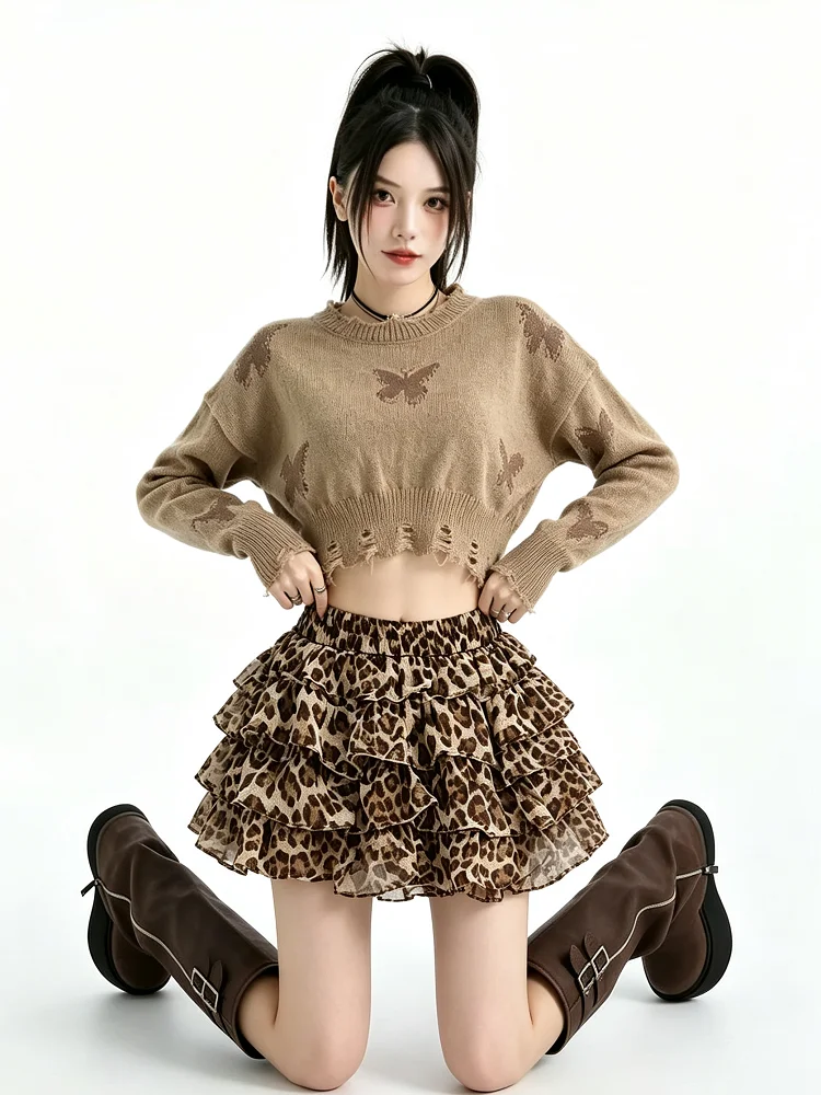 Women Leopard Chiffon Mini Skirt With Built-in Shorts Tiered Ruffle A-Line Cake Skirt High Waist Y2K Short Skirts For Ladies