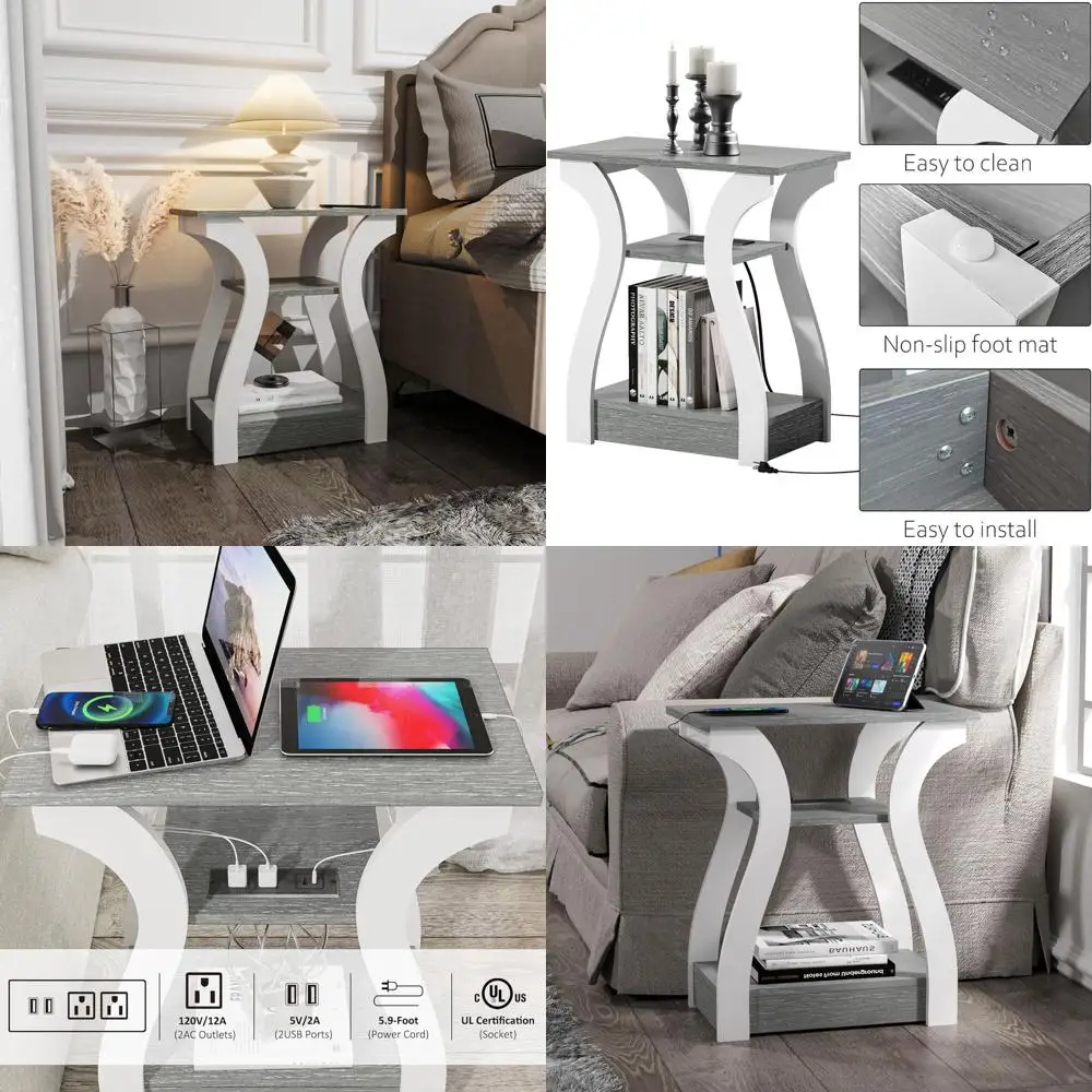 

Contemporary Grey End Table with USB Charging Port, Storage Nightstand for Bedrooms, 3-Tier Living Room Side Table