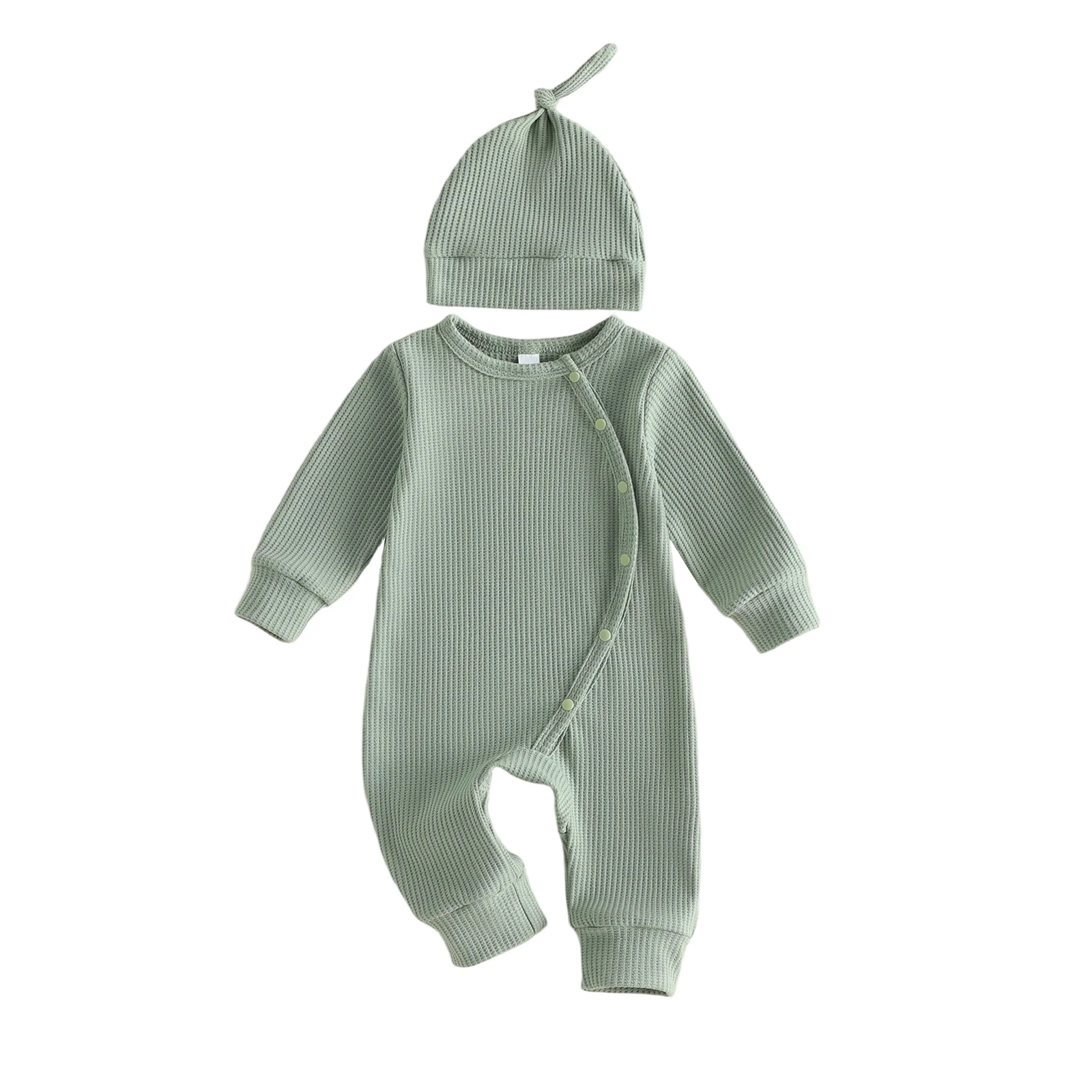 Baby Fall Outfit Long Sleeve Crew Neck Button Closure Jumpsuit with Hat