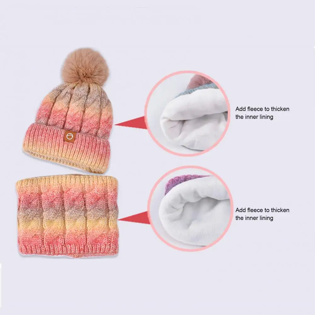 Acrylic Scar Women's Winter Hat Scarf Set with Plush Ball Decor Contrast Color Design Thick Plush Lining Cold-proof for Outdoor