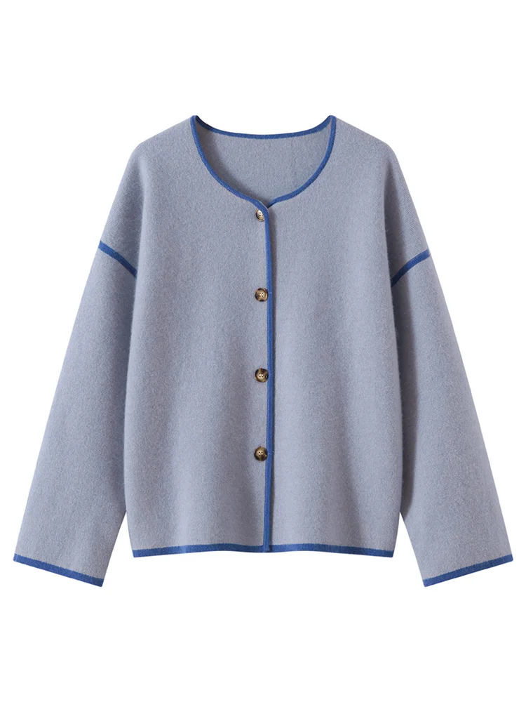 

Autumn Winter Women 100% Cashmere Knit Cardigan Coat Round Collar Long Sleeve Loose Sweater Office Lady Grace Thick Top Clothes