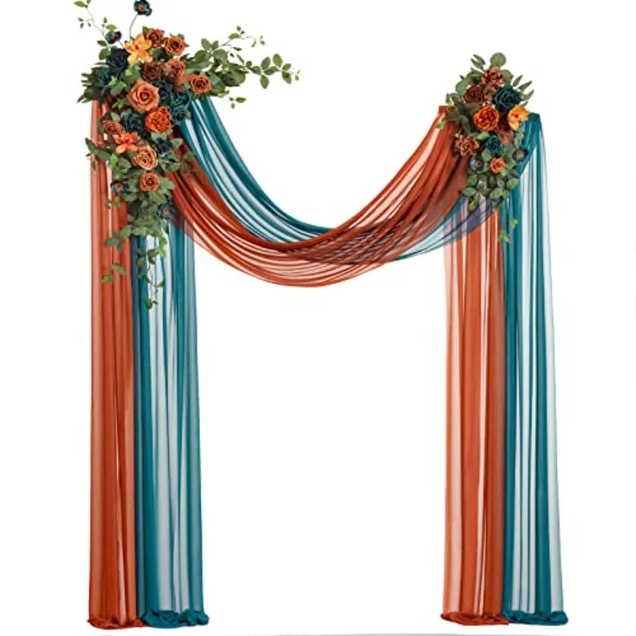 Teal Orange Artificial Wedding Arch Flowers Kit Pack of 4, 2pcs Hanging Flower Arrangement 2pcs Chiffon Drapes Ceremony Recepti