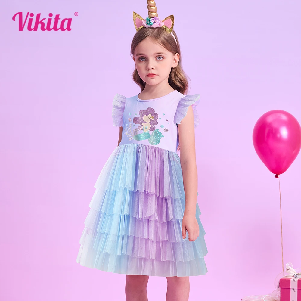

VIKITA Kids Princess Party Summer Tutu Dress Girl Mermaid Costumes Cosplay Outfits 3-10 Yrs Kids Fantasy Tulle Mesh Prom Gown