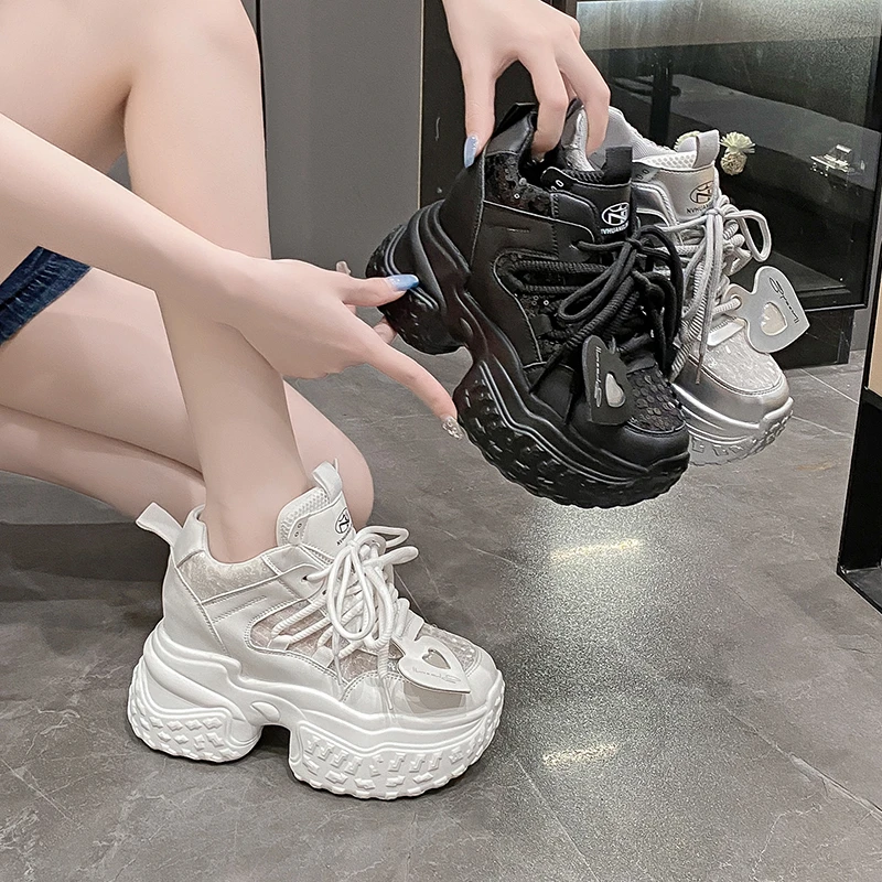 New Women Casual Platform Sneakers 10CM High Heels Autumn Sports Leather Shoes Breathable Trainers Chunky Sneakers Zapatos Mujer