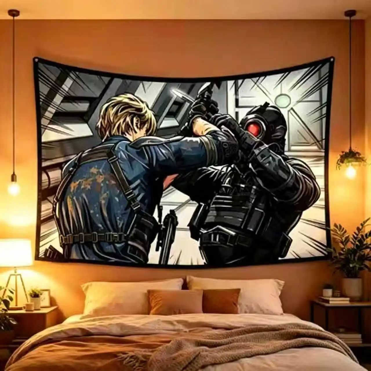 Leon vs Soldier Combat Scene Tapestry, Cool Gaming Room Decor, Horror Game Wall Art, Polyester Fabric Tapestry