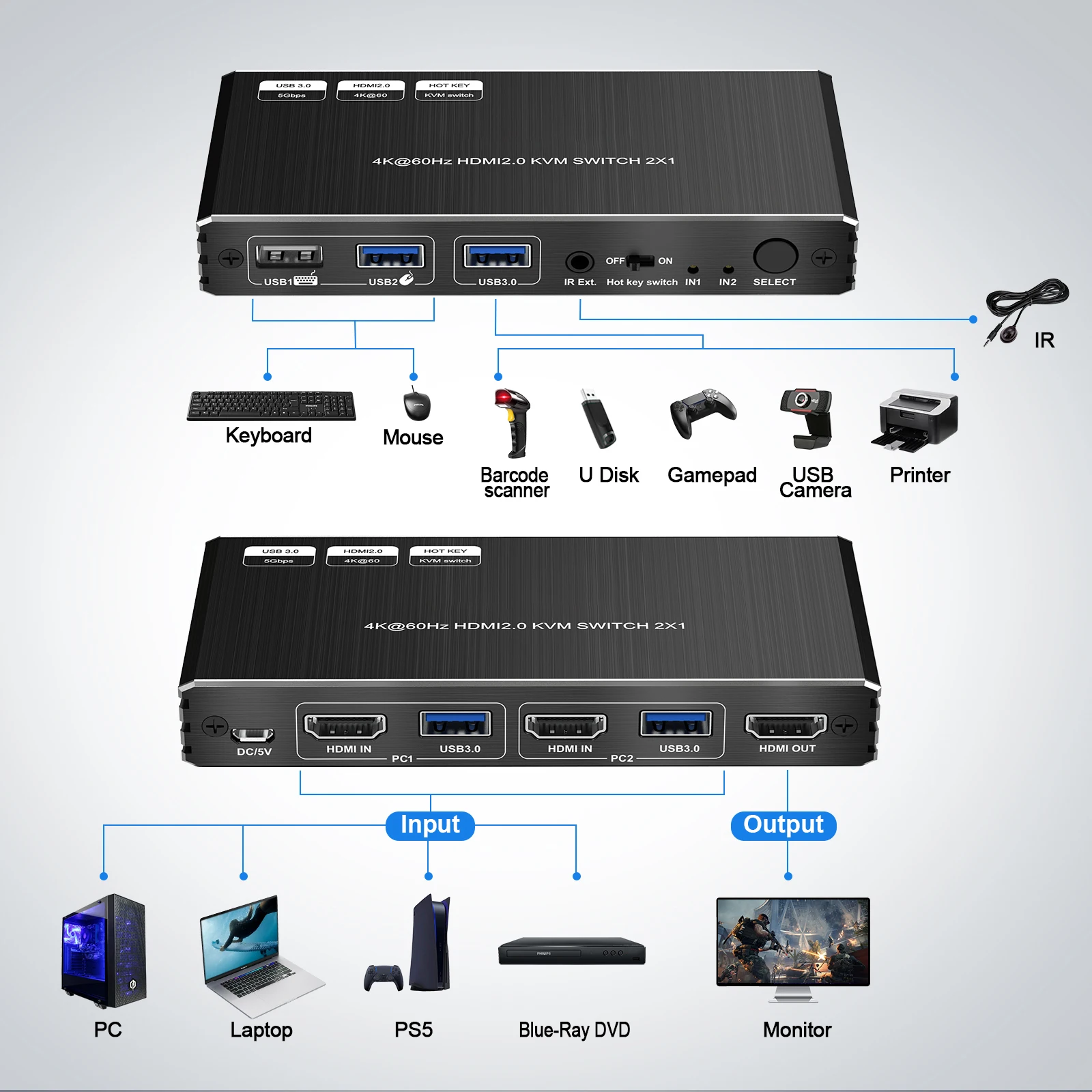 8K HDMI Switcher 2 in 1 Out Audio Extractor Unterstützung Atmos Soundbar SPDIF Toslink RCA Audio Fernbedienung ARC Auto Switch