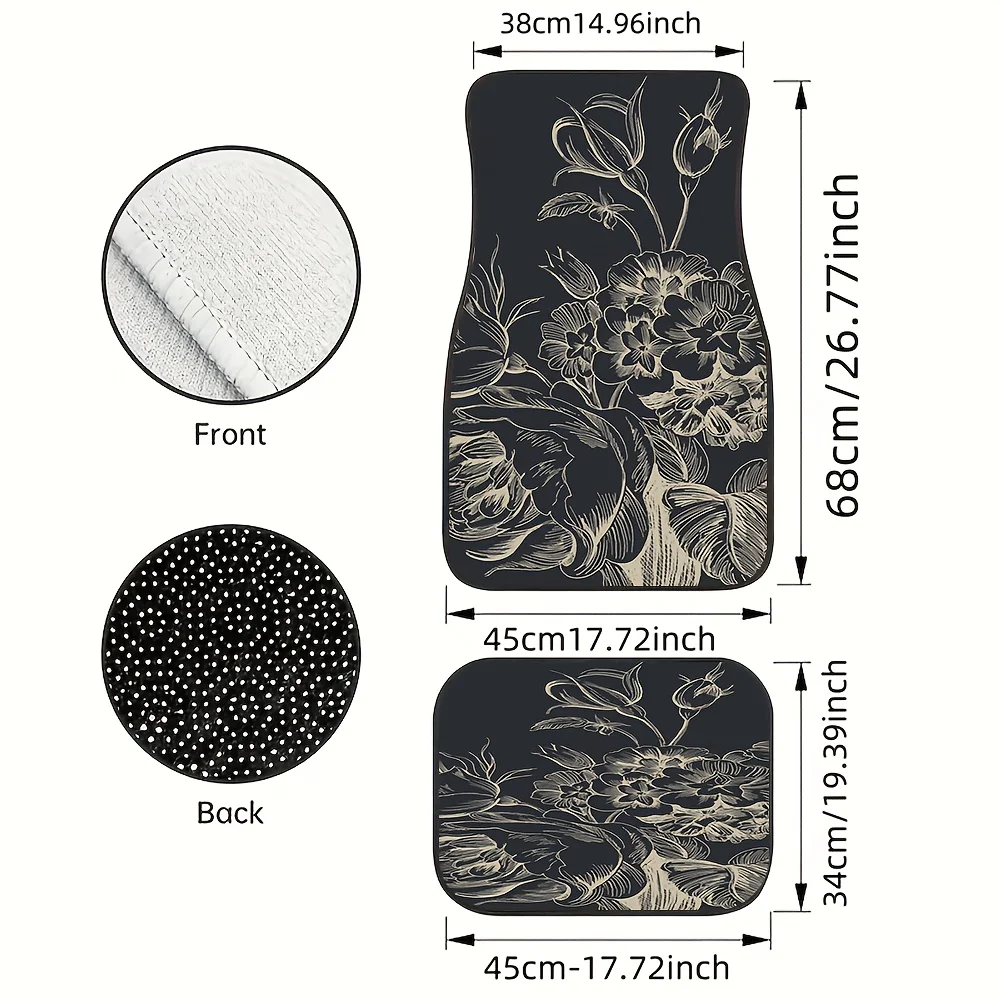 4pcs Car Floor Mats Set - Dark Beige/Brown/Black/Gray Gothic Chinese Floral Pattern (Peony/Celadon) Non-Slip Heavy-Duty Auto Flo