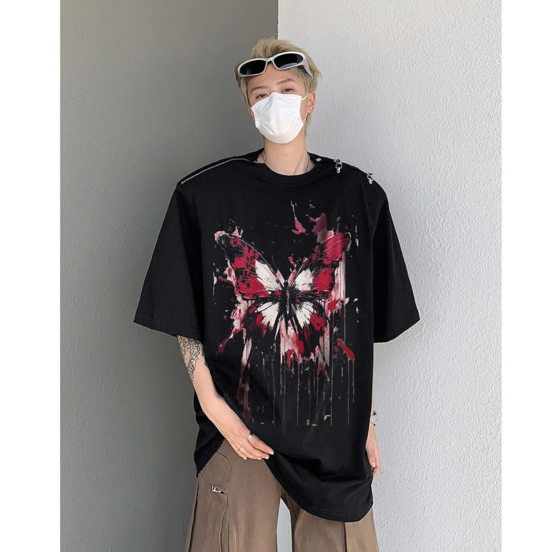 American metal zipper design shoulder pads butterfly print graffiti loose short sleeve T-shirt men