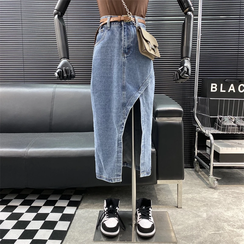 Send belt!New 2022 fashion Designer new style Famous brand Retro Versatile slit High waist Irregular A-line Denim skirt