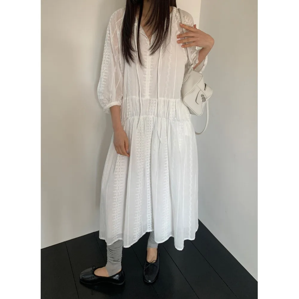 

Retro Chic Long Sve Embroidered Dr Women's Spring New Sle Midi irt Dr Korean Sle Casual Versatile All Season Wear