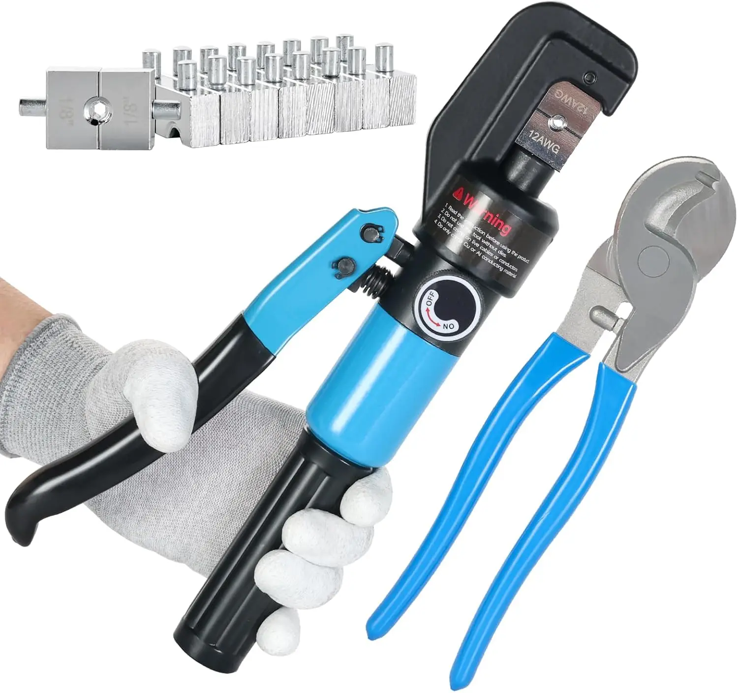 

10 US Ton Hydraulic Crimper Kit with Cable Cutter, 9 Chromed Hex Dies for Electrical & Wire Rope Crimping