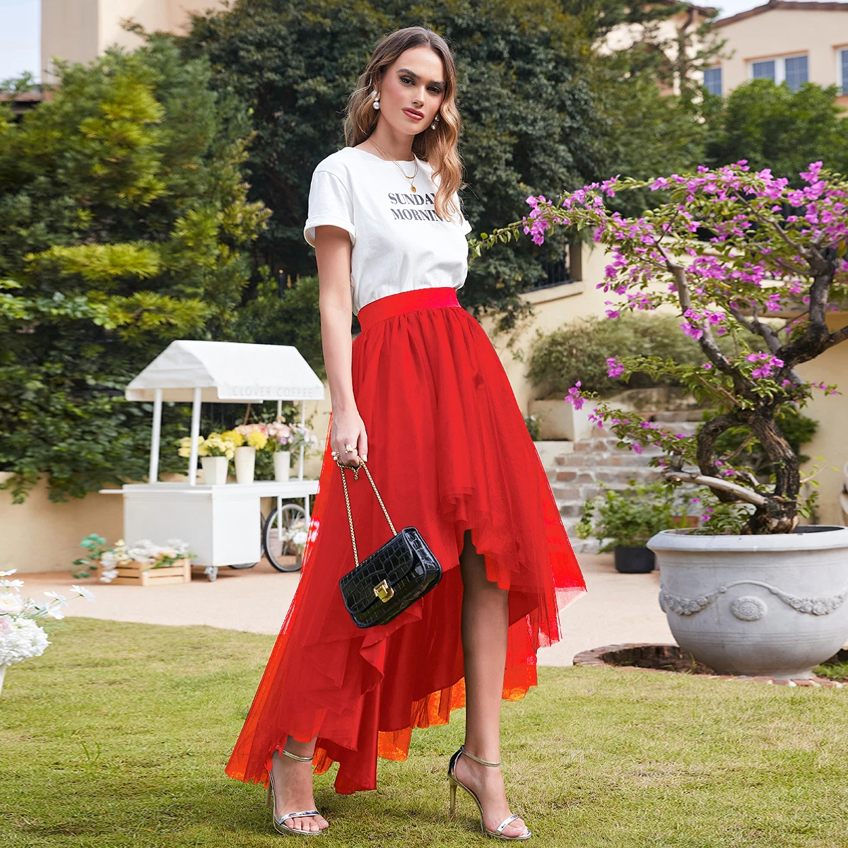 

Sexy Red Tulle Skirt - Women High Waist Asymmetrical Party Skirt for Christmas & Halloween - Flowy A-Line Midi Skirt