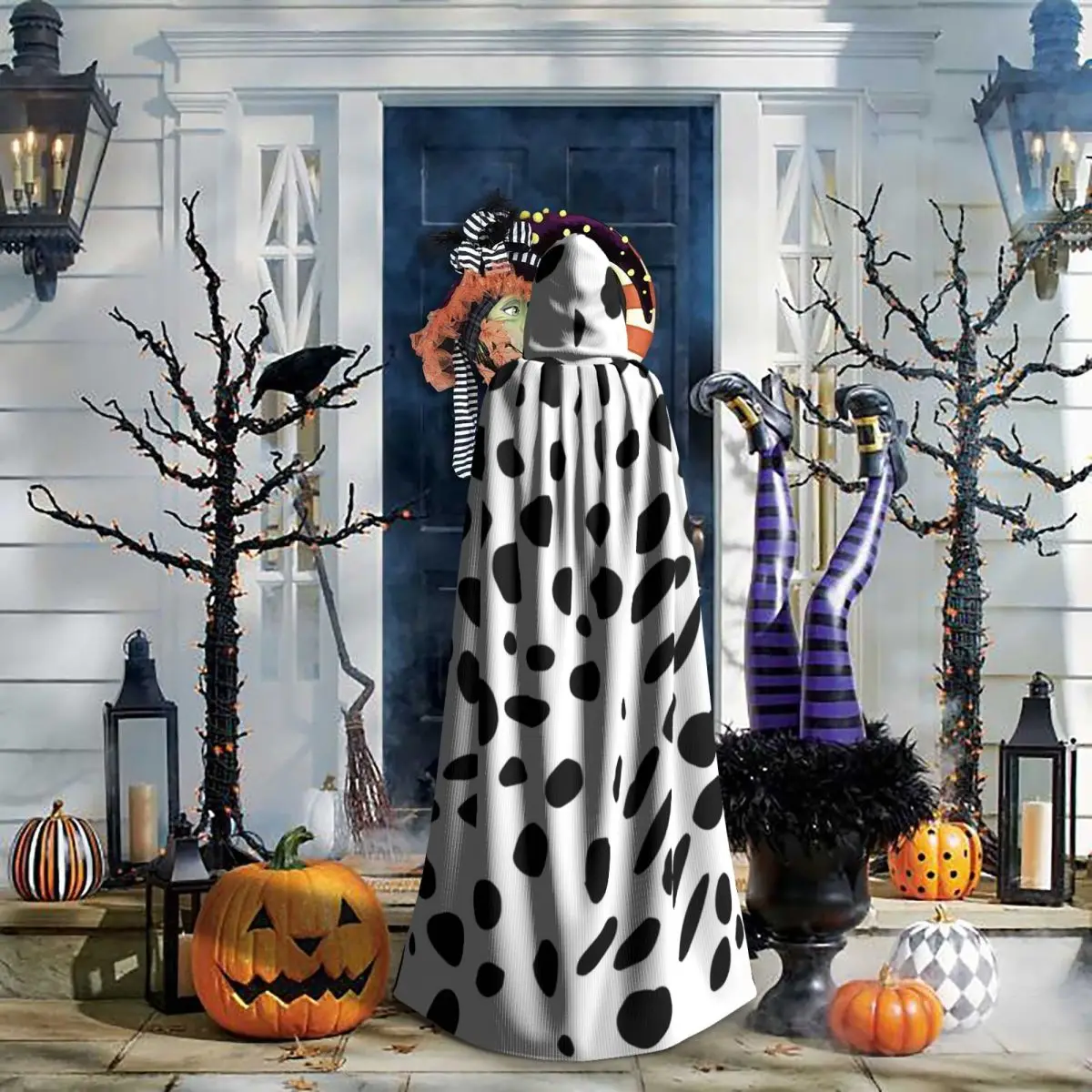 الدلماسية الحيوان طباعة نمط طويل مقنعين عباءة الساحرة القرون الوسطى زي تأثيري كيب هالوين معطف الكبار للجنسين