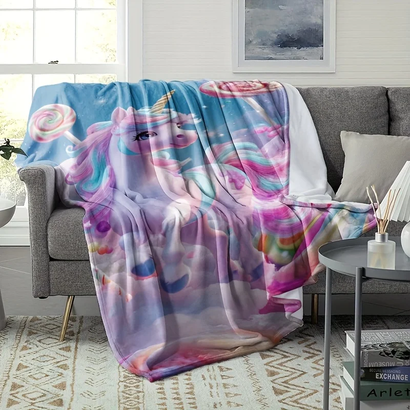 Rainbow Candy Unicorn Flannel Throw Blanket, Cute Pastel Unicorn Print Soft Blanket for Kids Bedroom Sofa Cozy Home Decor