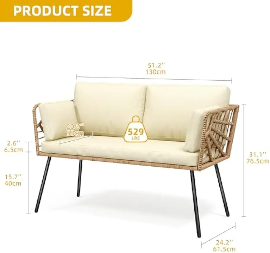 Patio Loveseat, All-Weather Wicker Rattan Patio Sofa for Balcony,Porch, Deck, Outdoor Sectional Furniture with Cushions