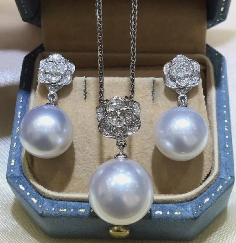 

Gorgeous AAAAA 8-9mm SouthSea White Round Pearl Pendant Earring Set 925s 9-10mm10-11mm 11-12mm 12-13mm