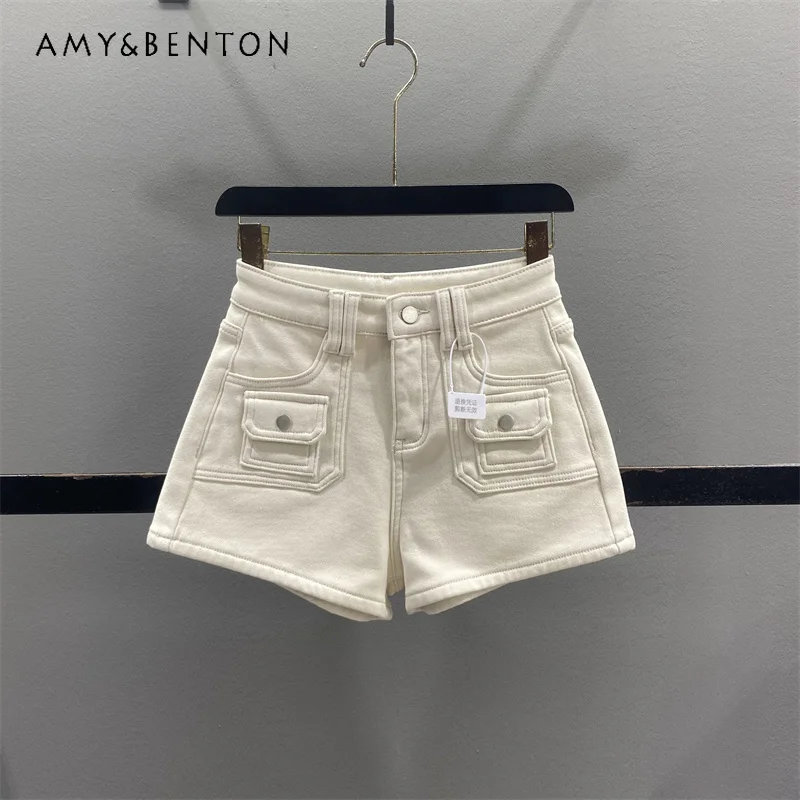 

Original Design Off-White Fleece-Lined Thickened Women's Jeans 2025 Design Sense Slimming Hot Girl A-Line Wide-Leg Shorts Ladies