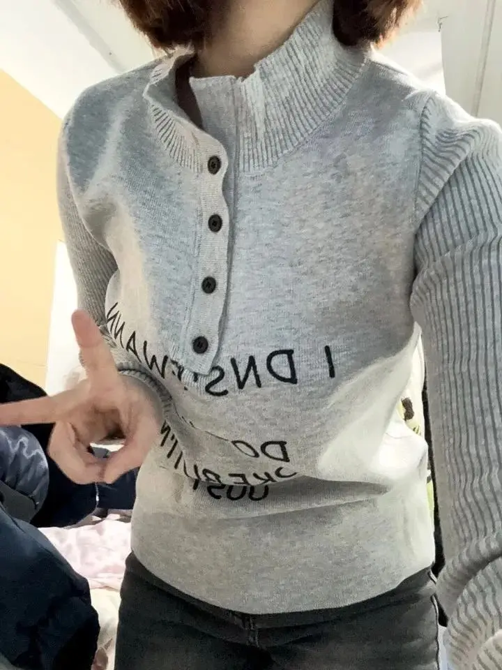 

Kimotimo Gray Letter Print Knitted Pullover Women Autumn Winter Half High Collar Slim Fit Lapel Sweater Casual Versatile Tops