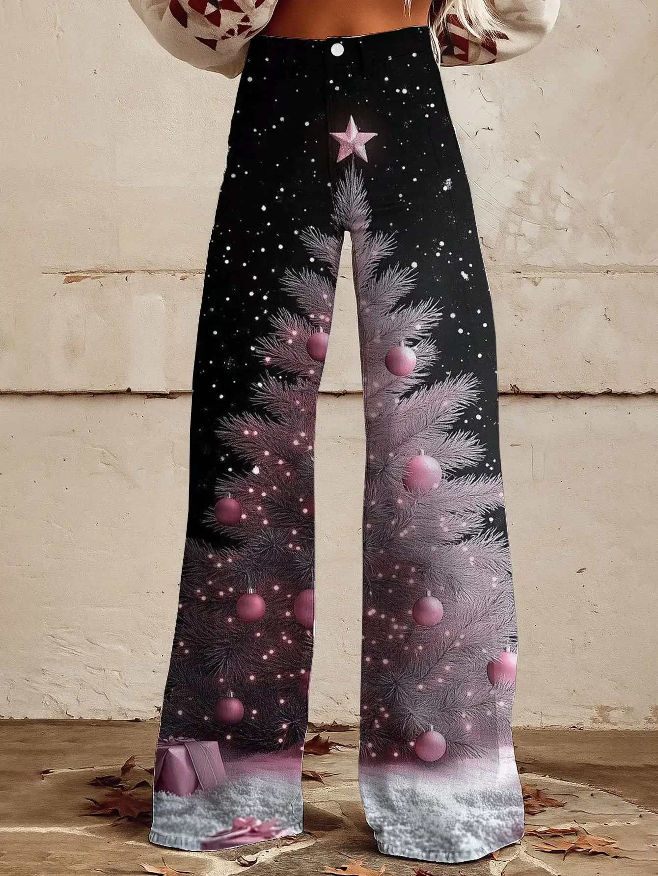 Christmas ladies' new printed retro jeans, imitation denim fabric, casual and fashionable patterns, diverse pants
