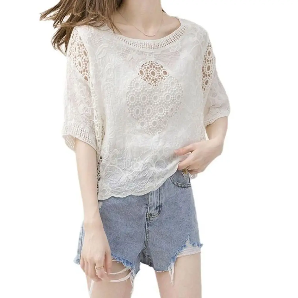 Floral Embroidery Crochet Cover Up White Openwork Knit Knit Cover Up Top Loose Fit Scalloped Hem Pullover Poncho Top view 4