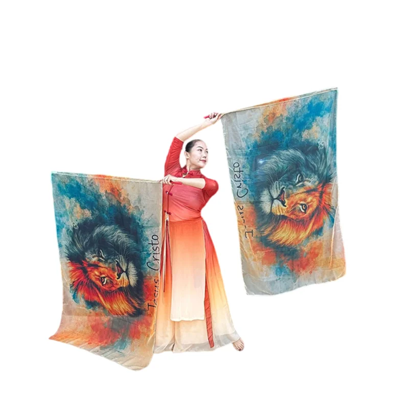 2pcs Praise Flag with Scalable Pole Rectangle Worship Angel Wing for Church Dance Banner Color Chiffon Guard Flags Lion Print