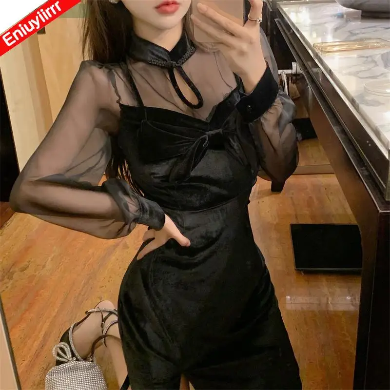 Kleine Schwarze Kleider Neue Design Frauen Patchwork Sheer Mesh Sexy Party Schlank Ausgestattet Split Schlitz Bleistift Bodycon Verband Mini Kleid