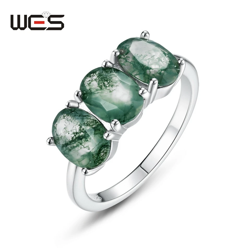 

WES Three Stones Natural Moss Agate Ring for Woman 925 Sterling Silver Ring Forest Jewelry Wholesale Jewelry Engagement Gift
