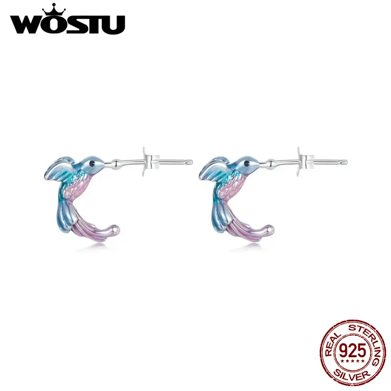 WOSTU Authentic 925 Sterling Silver Kingfisher Earrings Bird Ear Buckle Plated White Gold for Women Fine Jewelry Party Gift