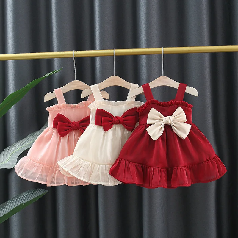 

Girls Dresses Summer Cotton Solid Color Bow Strap Baby Girl Dress Cute Casual Beach Baby Girl Clothing