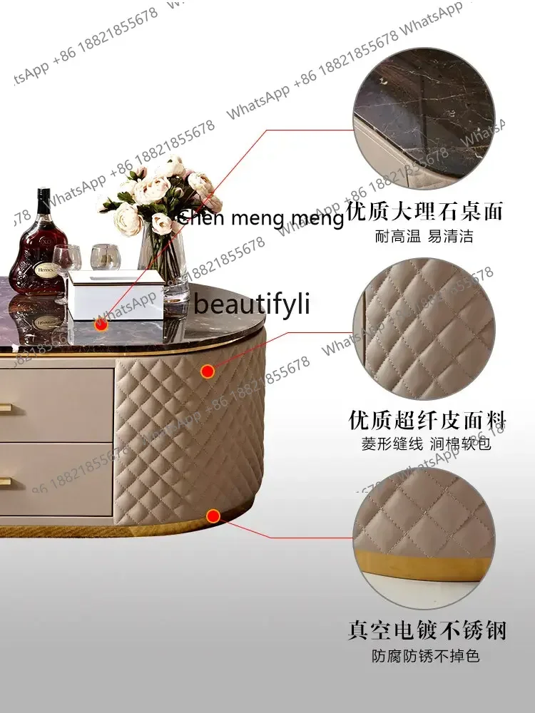 CC182R11 Mesa de centro moderna y ligera de lujo, mesa de té ovalada chapada en oro de acero inoxidable, pequeño apartamento, sala de estar italiana de mármol