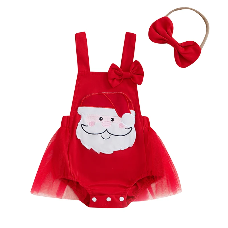 Baby Girl Christmas Outfit, Santa Claus Embroidery Sleeveless Patchwork Mesh Romper Dress Bow Headband 2 Piece Set