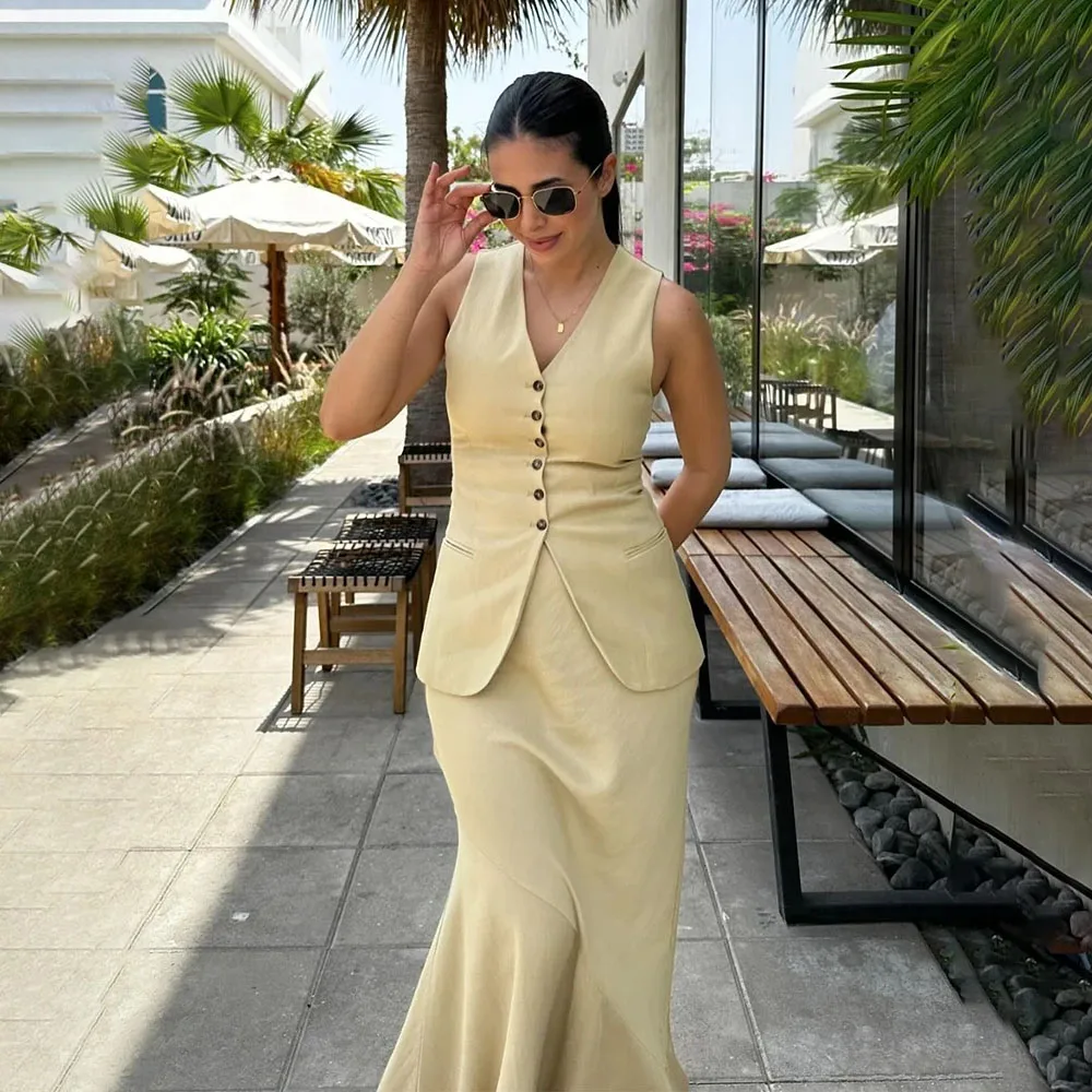 Women Vest Skirt Sets Female Khaki Long Blazer Vest V Neck Sleeveless Slim Top+Elegant High Waist A Line Skirt Suit TRAF