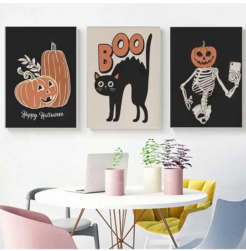 Cute Rascal Canvas Prints Ghost Cats Jack-o-lanterns Halloween Wall Art Posters for Modern Living Room Kitchen Autumn Home Decor