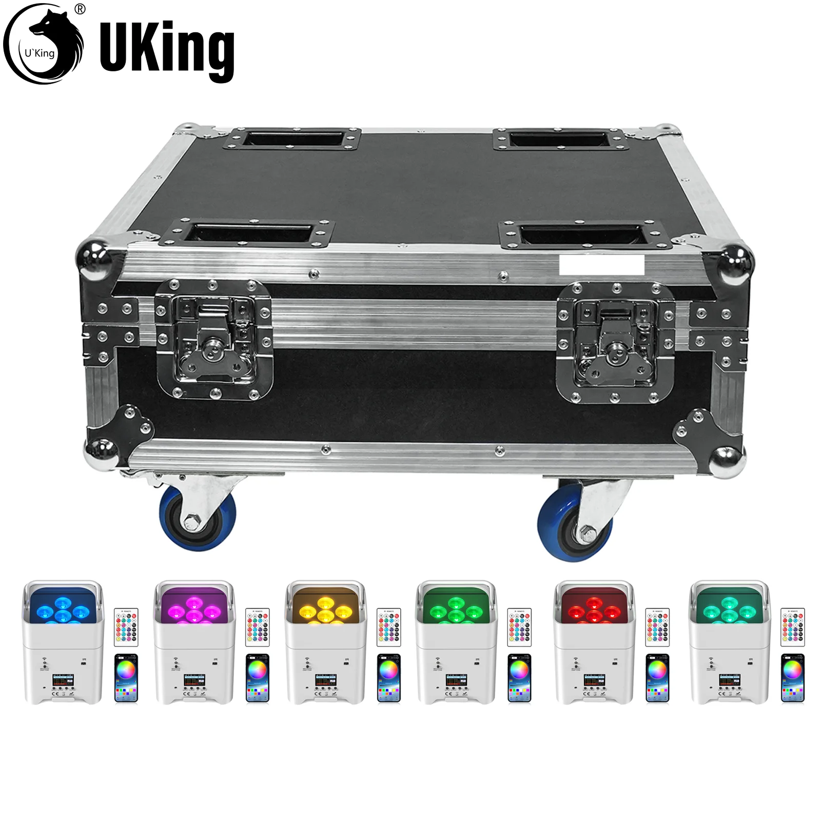 

U'King 6Pcs Built-in 8800mA Battery Par Lights 6X18W RGBWA+UV Stage Lights With Rechargeable Flight Case Set For Wedding Party