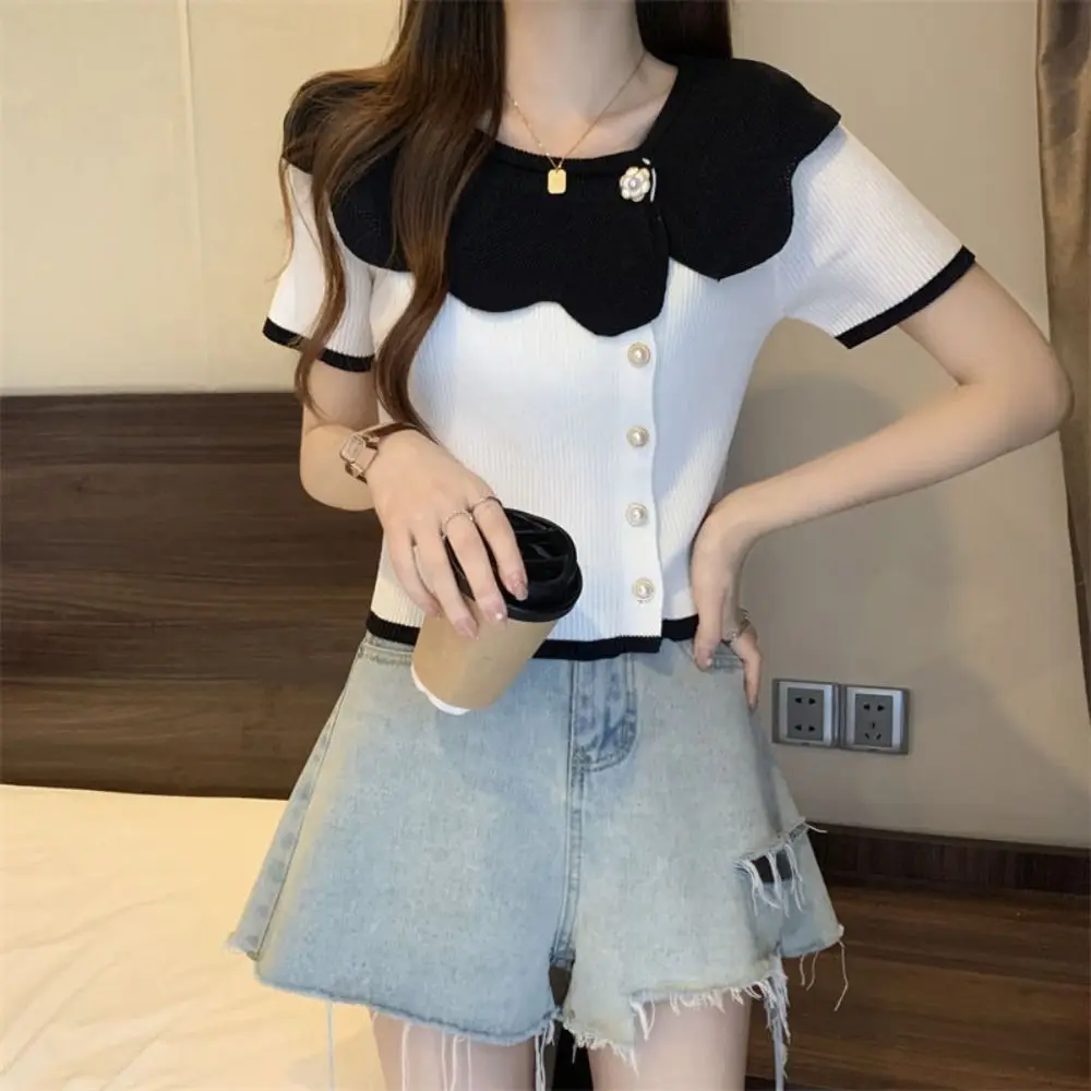 

O-neck Ruffle Knit T-shirt Flower Button Short Sleeve Slim Crop Tops Shirt Female Top Streetwear Short knitwear Vest Beach