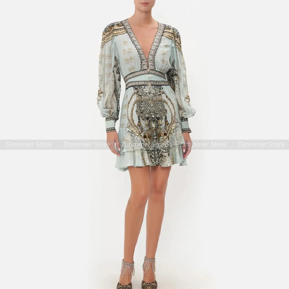 

Australia niche noblewoman silk V-neck print temperament hot diamonds long-sleeved short dress