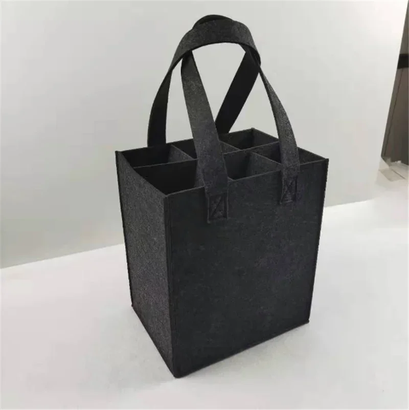 Reusable Fashion Felt Bag Wine Holder Beer Bottle Shopping Tote Bag Bottle Carrier with 6 Bottles Divider Washable Grey