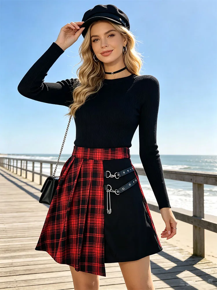 Gothic Plaid Patchwork Pleated Mini Skirt Punk Metal Strap Safety Pin Asymmetric High Waist Street Skort